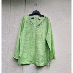 Edward Irish linen V-neck slit sleeve sequin trim tunic lagenlook top green sz L